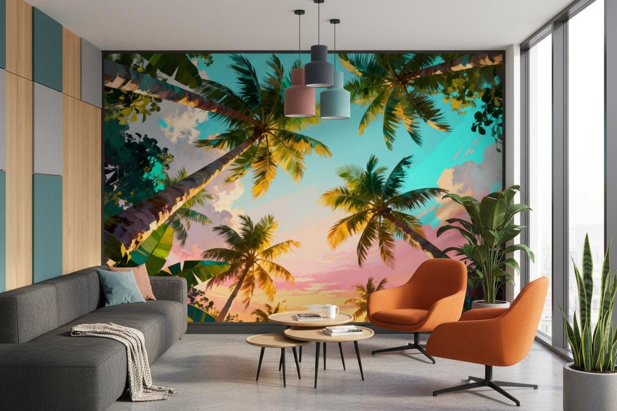 Vibrant Tropical Palm Sunset Tropical Wallpaper – alternate view, Golden Era Walls
