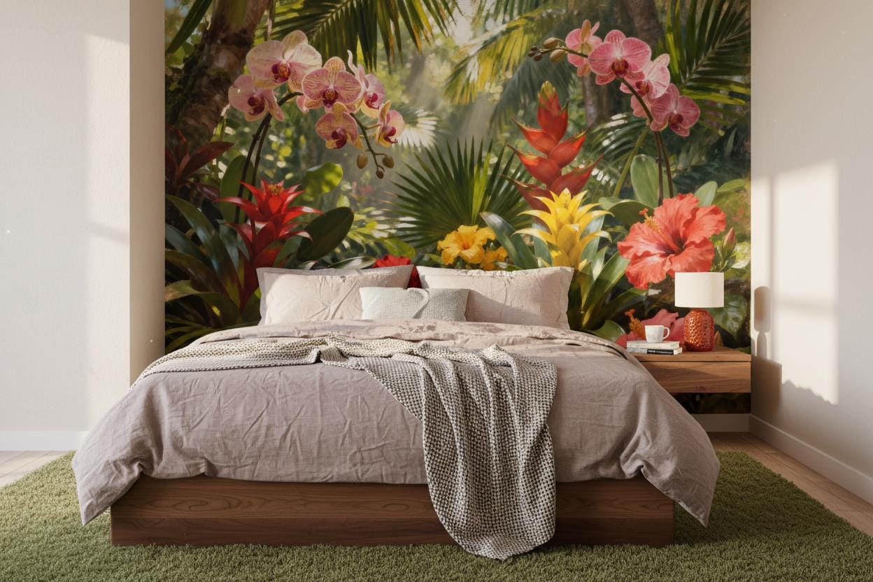 Vibrant Tropical Jungle Botanical Floral Wallpaper – scale reference, Golden Era Walls