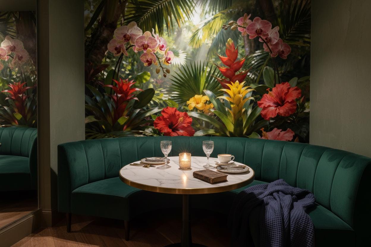 Vibrant Tropical Jungle Botanical Floral Wallpaper – room setting, Golden Era Walls