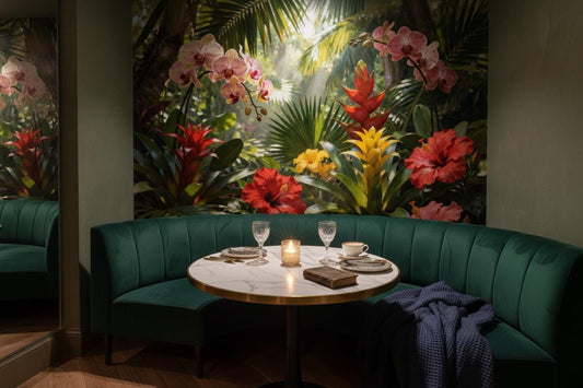 Vibrant Tropical Jungle Botanical Floral Wallpaper – room setting, Golden Era Walls