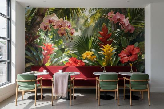 Vibrant Tropical Jungle Botanical Floral Wallpaper – peel and stick wallpaper mural, Golden Era Walls