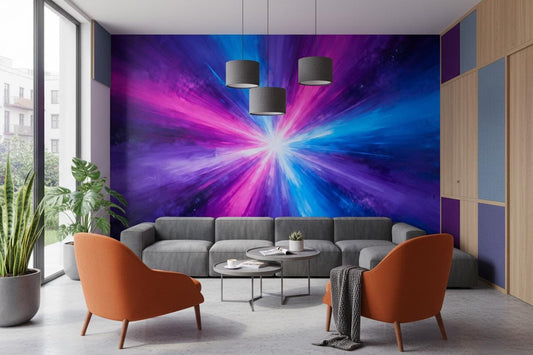 Vibrant Burst Pink Blue Geometric Wallpaper – room setting, Golden Era Walls