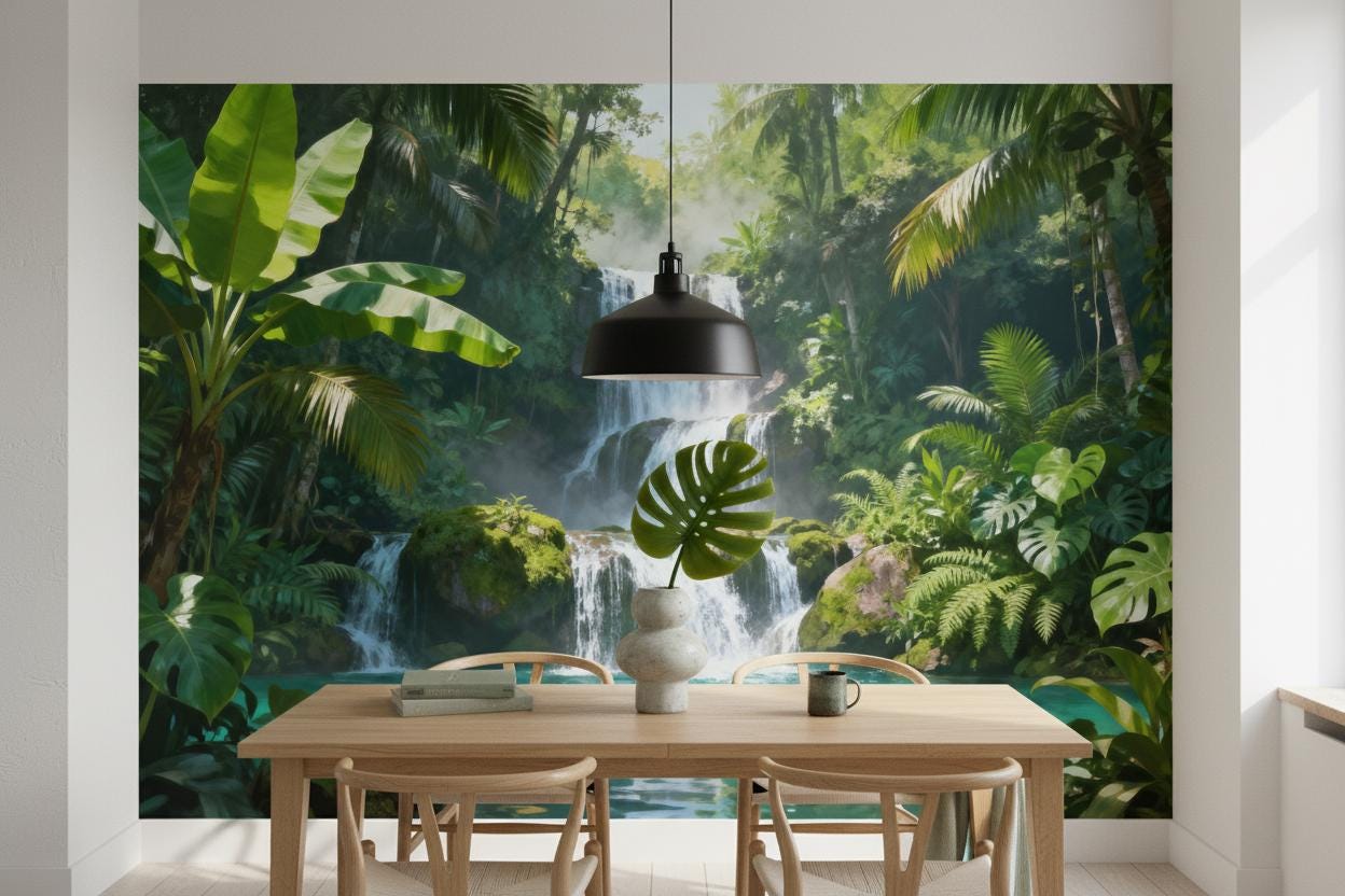 Vibrant Tropical Jungle Botanical Floral Wallpaper – scale reference, Golden Era Walls