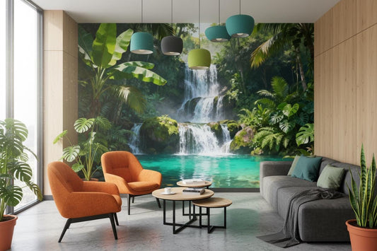Vibrant Tropical Jungle Botanical Floral Wallpaper – room setting, Golden Era Walls