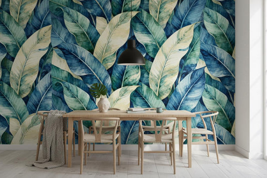 Watercolor Tropical Leaves Blue Floral Wallpaper – lifestyle view, Golden Era Walls