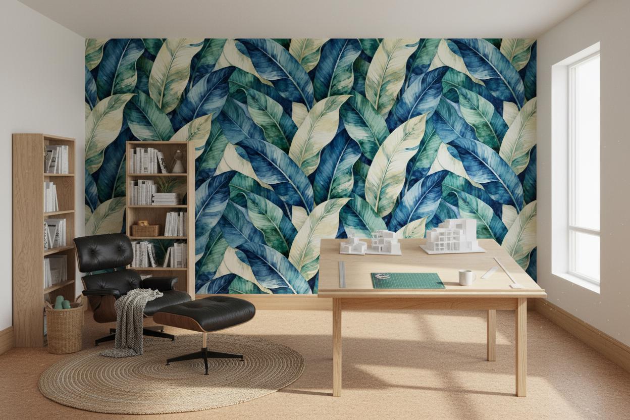 Watercolor Tropical Leaves Blue Floral Wallpaper – alternate view, Golden Era Walls