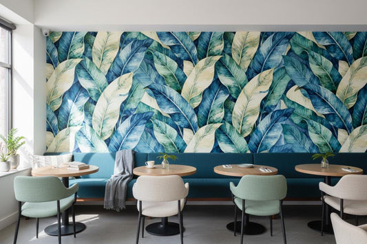 Watercolor Tropical Leaves Blue Floral Wallpaper – room setting, Golden Era Walls