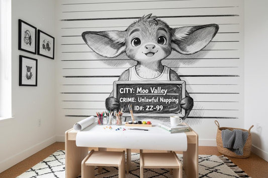 Whimsical Cartoon Animal Mugshot Wallpaper – lifestyle view, Golden Era Walls