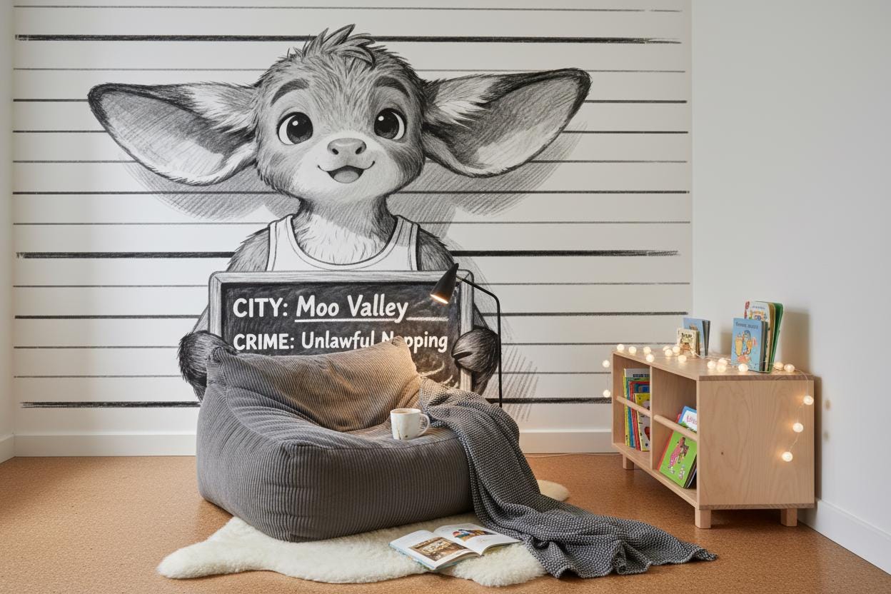 Whimsical Cartoon Animal Mugshot Wallpaper – scale reference, Golden Era Walls