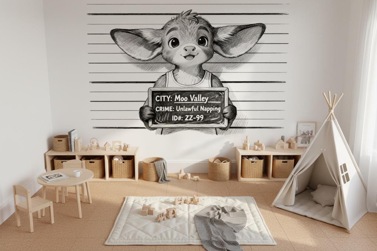 Whimsical Cartoon Animal Mugshot Wallpaper – alternate view, Golden Era Walls