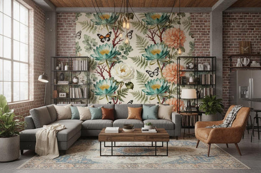 Vintage Botanical Teal Peach Floral Wallpaper – detail view, Golden Era Walls