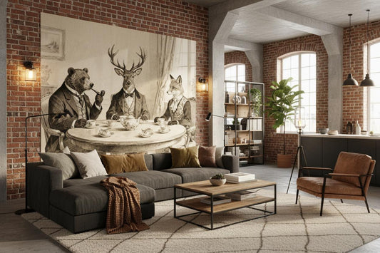 Sepia Gentlemen's Tea Party Wallpaper – room setting, Golden Era Walls