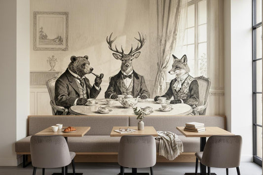 Sepia Gentlemen's Tea Party Wallpaper – peel and stick wallpaper mural, Golden Era Walls