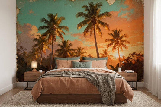Tropical Sunset Vintage Orange Tropical Wallpaper – peel and stick wallpaper mural, Golden Era Walls