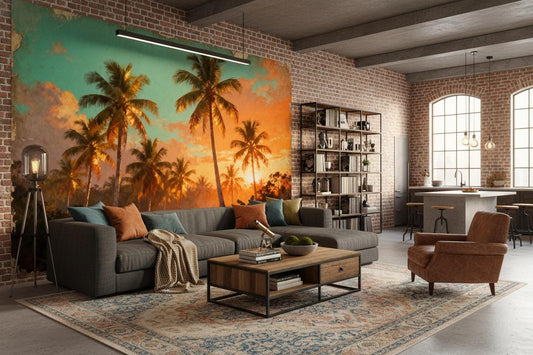 Tropical Sunset Vintage Orange Tropical Wallpaper – lifestyle view, Golden Era Walls