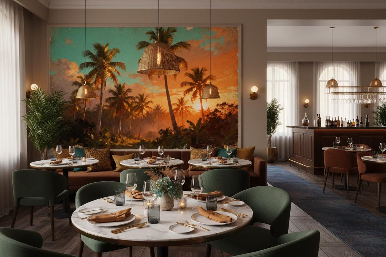 Tropical Sunset Vintage Orange Tropical Wallpaper – alternate view, Golden Era Walls