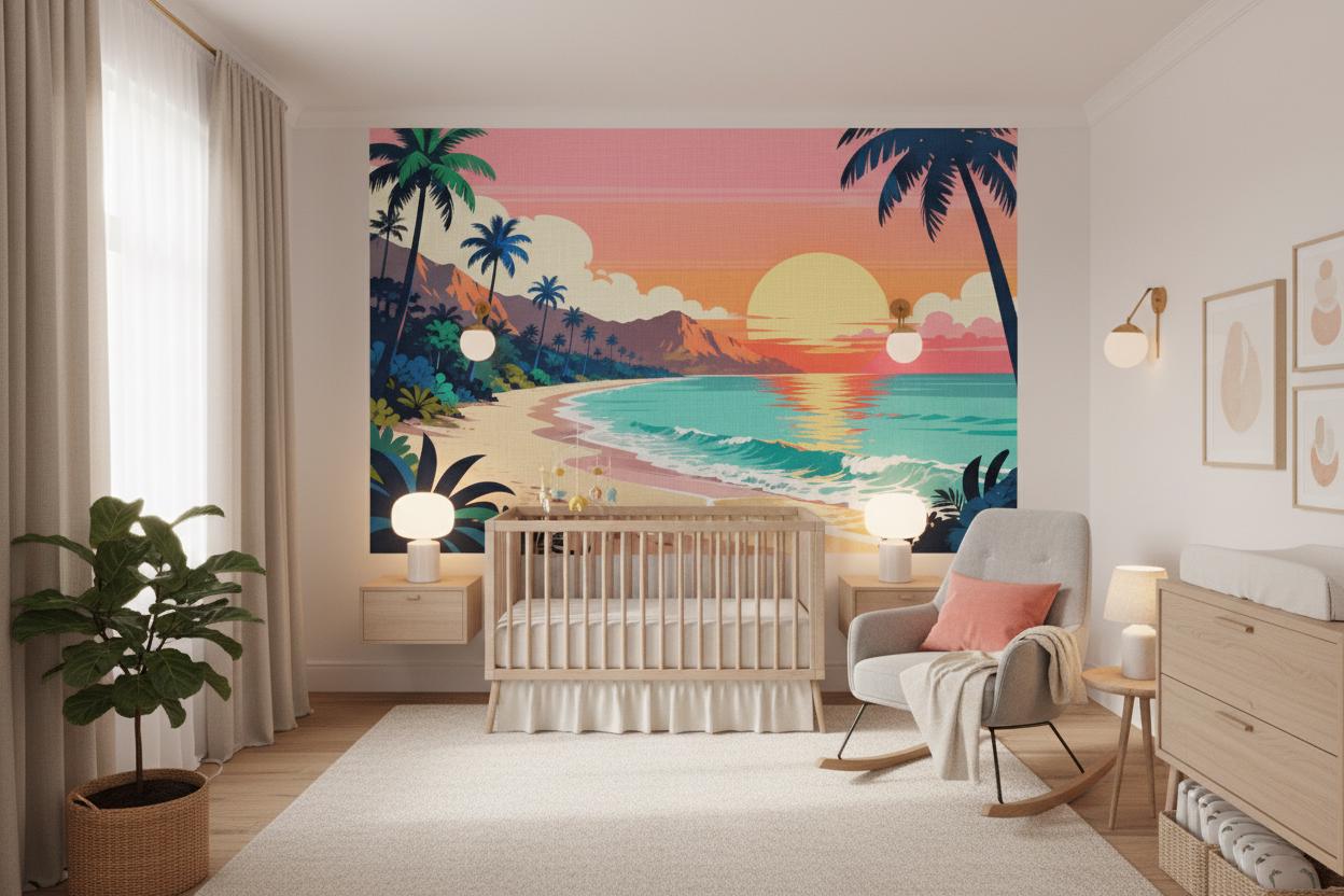 Tropical Sunset Retro Pink Tropical Wallpaper – scale reference, Golden Era Walls