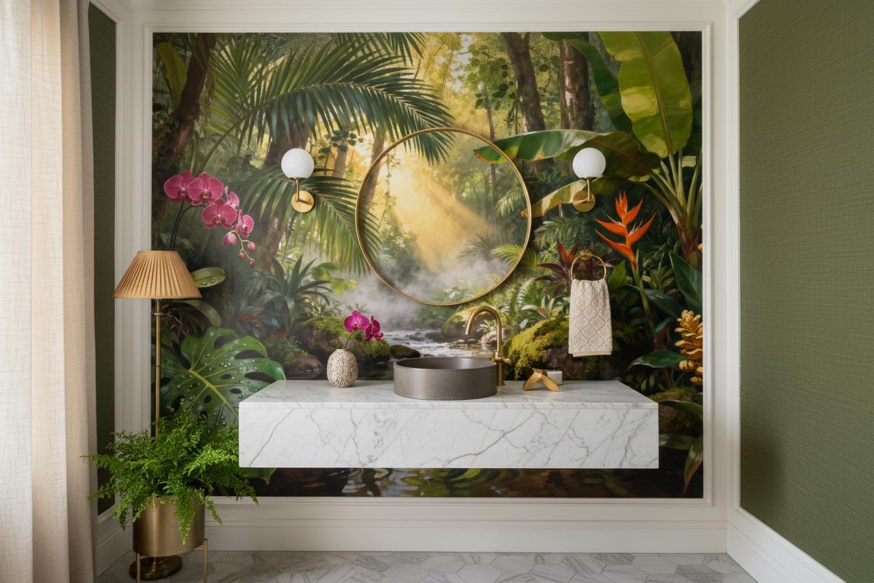 Tropical Rainforest Non Woven Floral Wallpaper – scale reference, Golden Era Walls