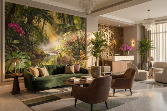 Tropical Rainforest Non Woven Floral Wallpaper – room setting, Golden Era Walls