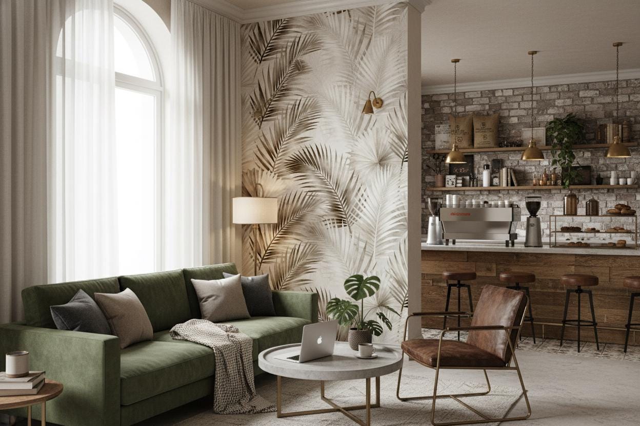 Tropical Sunset Vintage Orange Floral Wallpaper – lifestyle view, Golden Era Walls
