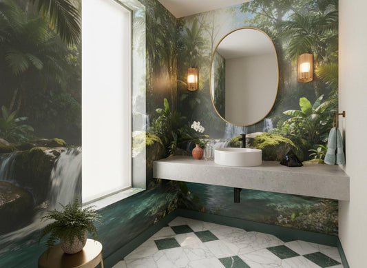 Tropical Jungle Waterfall Green Floral Wallpaper – room setting, Golden Era Walls