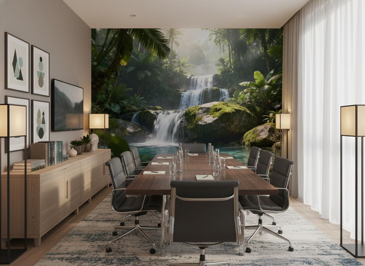 Tropical Jungle Waterfall Green Floral Wallpaper – scale reference, Golden Era Walls