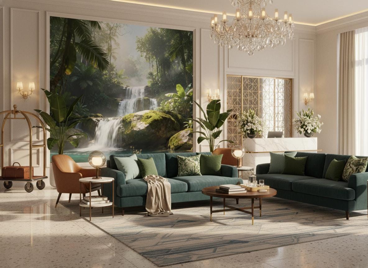 Tropical Jungle Waterfall Green Floral Wallpaper – alternate view, Golden Era Walls