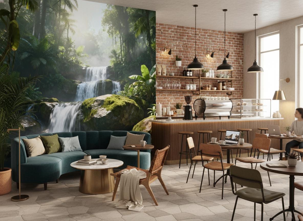 Tropical Jungle Waterfall Green Floral Wallpaper – lifestyle view, Golden Era Walls