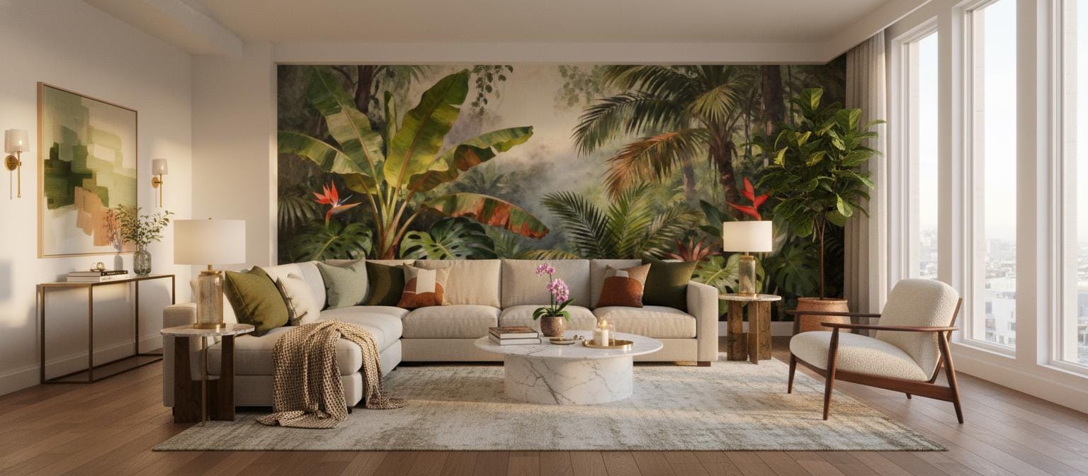 Tropical Jungle Green Botanical Floral Wallpaper – lifestyle view, Golden Era Walls