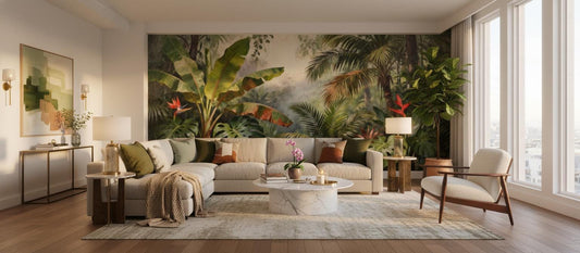 Tropical Jungle Green Botanical Floral Wallpaper – lifestyle view, Golden Era Walls