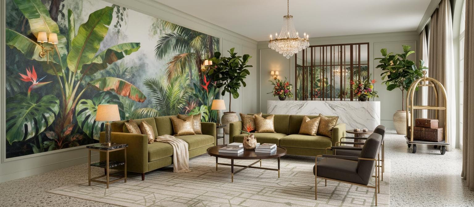 Tropical Jungle Green Botanical Floral Wallpaper – scale reference, Golden Era Walls