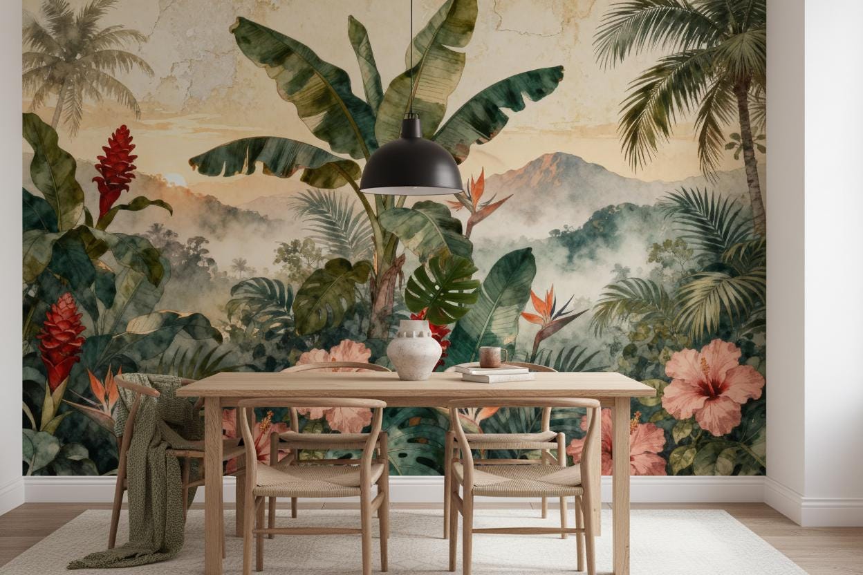 Tropical Jungle Green Watercolor Floral Wallpaper – scale reference, Golden Era Walls