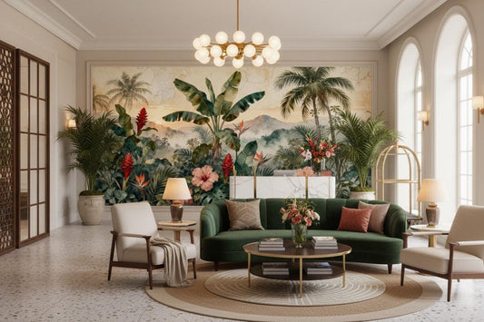 Tropical Jungle Green Watercolor Floral Wallpaper – detail view, Golden Era Walls