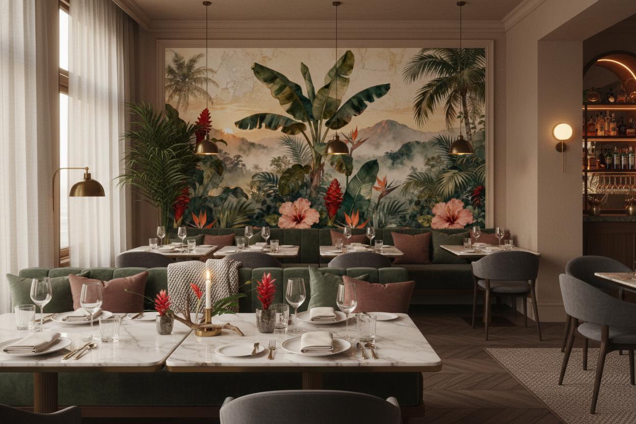 Tropical Jungle Green Watercolor Floral Wallpaper – room setting, Golden Era Walls