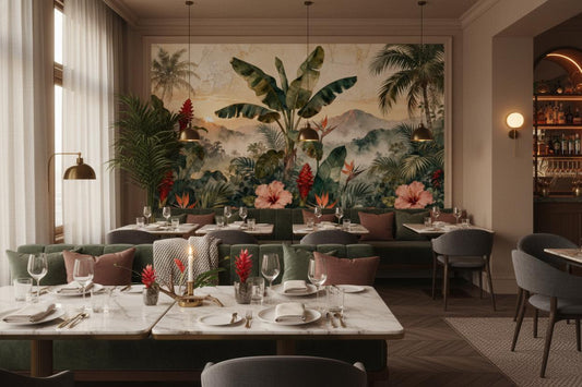 Tropical Jungle Green Watercolor Floral Wallpaper – room setting, Golden Era Walls