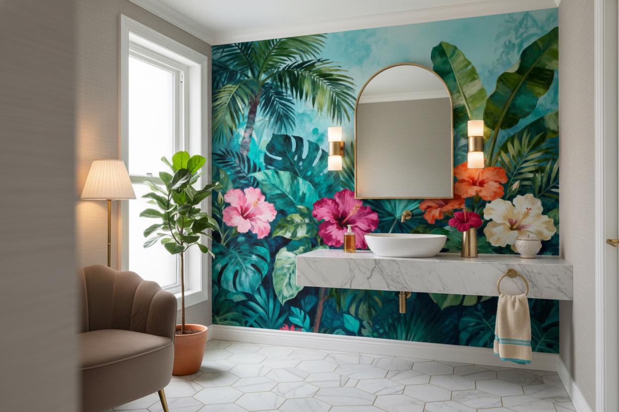 Tropical Hibiscus Vibrant Green Floral Wallpaper – room setting, Golden Era Walls