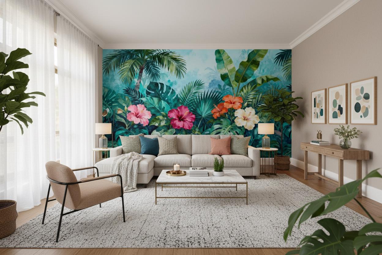 Tropical Hibiscus Vibrant Green Floral Wallpaper – scale reference, Golden Era Walls