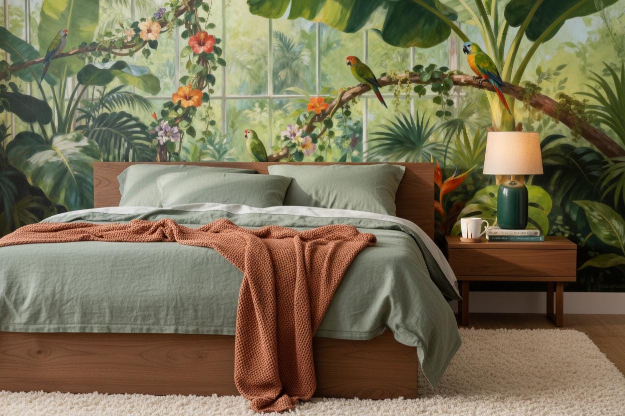 Tropical Greenhouse Exotic Parrot Floral Wallpaper – room setting, Golden Era Walls
