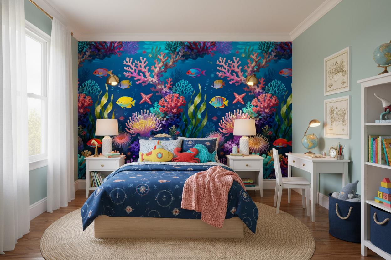 Coastal Coral Reef Oceanic Coastal Wallpaper – room setting, Golden Era Walls