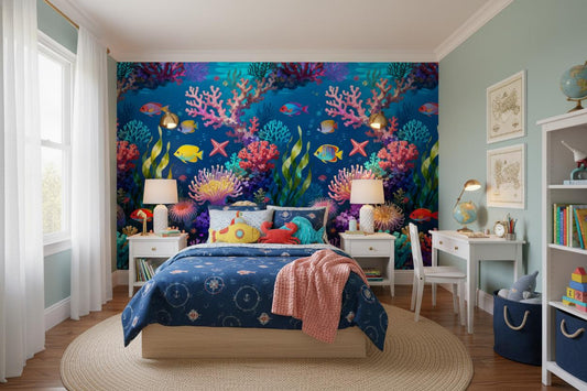 Coastal Coral Reef Oceanic Coastal Wallpaper – room setting, Golden Era Walls