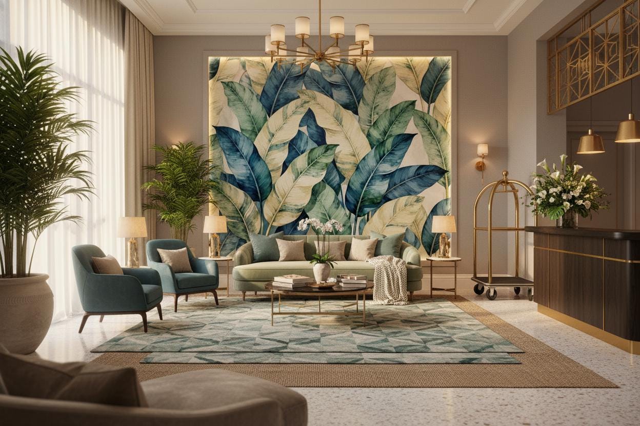 Serene Watercolor Tropical Leaves Floral Wallpaper – room setting, Golden Era Walls