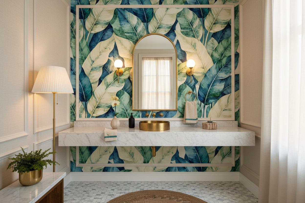 Serene Watercolor Tropical Leaves Floral Wallpaper – lifestyle view, Golden Era Walls