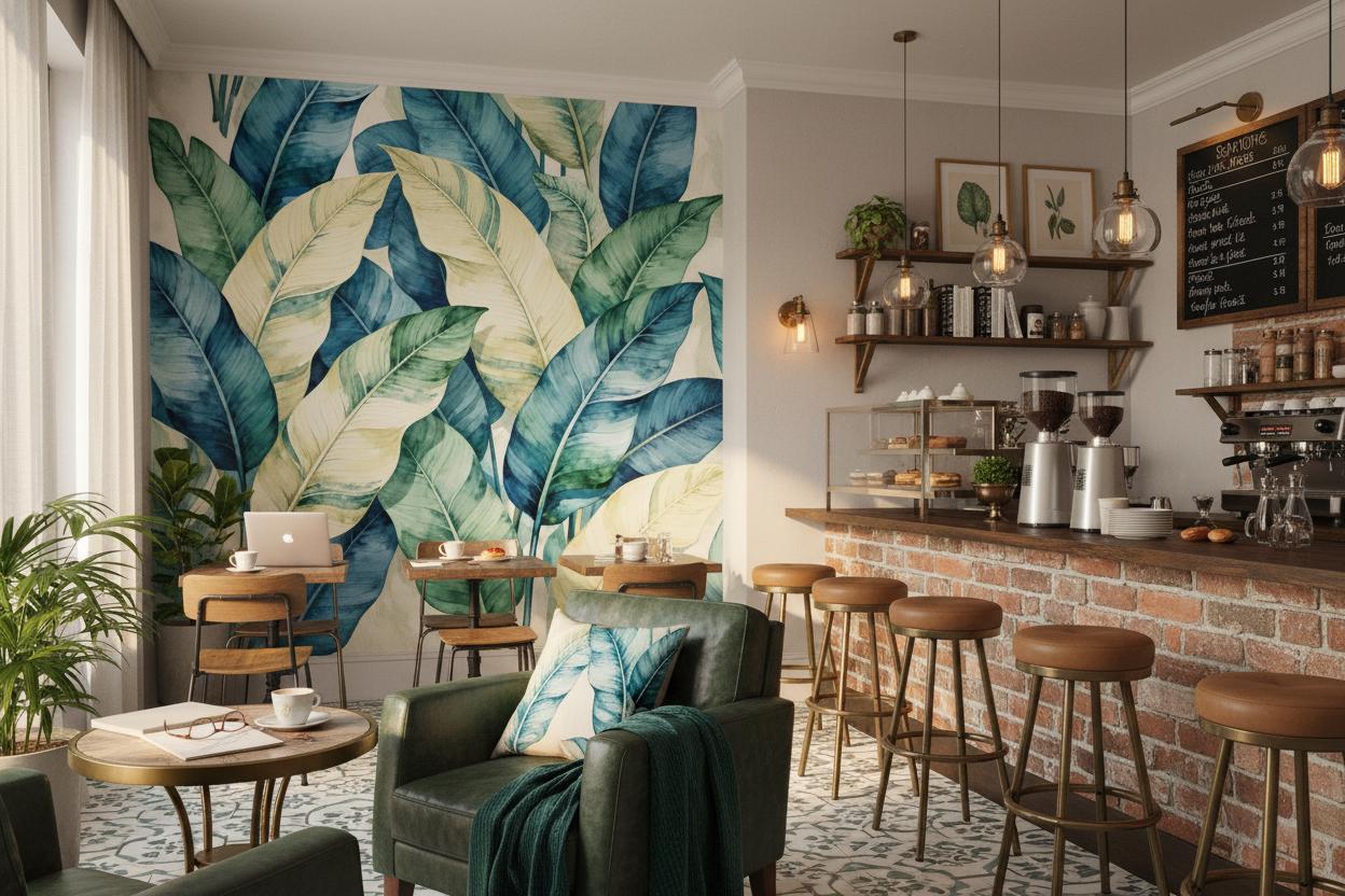 Serene Watercolor Tropical Leaves Floral Wallpaper – scale reference, Golden Era Walls