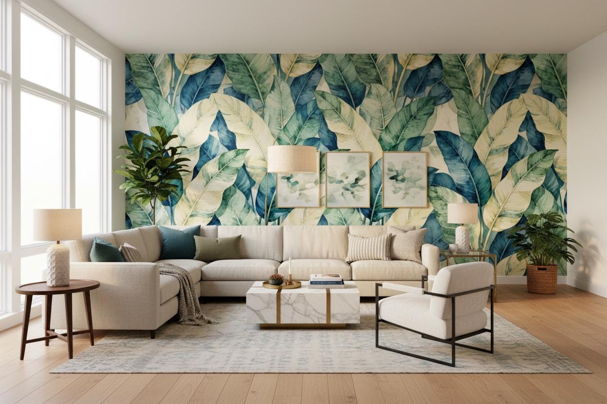 Serene Watercolor Tropical Leaves Floral Wallpaper – alternate view, Golden Era Walls
