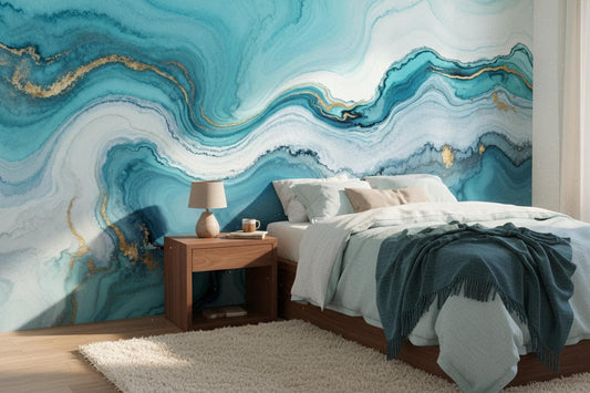 Opulent Teal Gold Agate Marble Wallpaper – peel and stick wallpaper mural, Golden Era Walls
