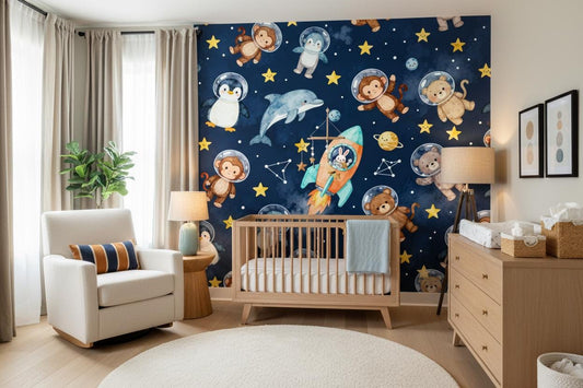 Space Animals Navy Blue Wallpaper – lifestyle view, Golden Era Walls