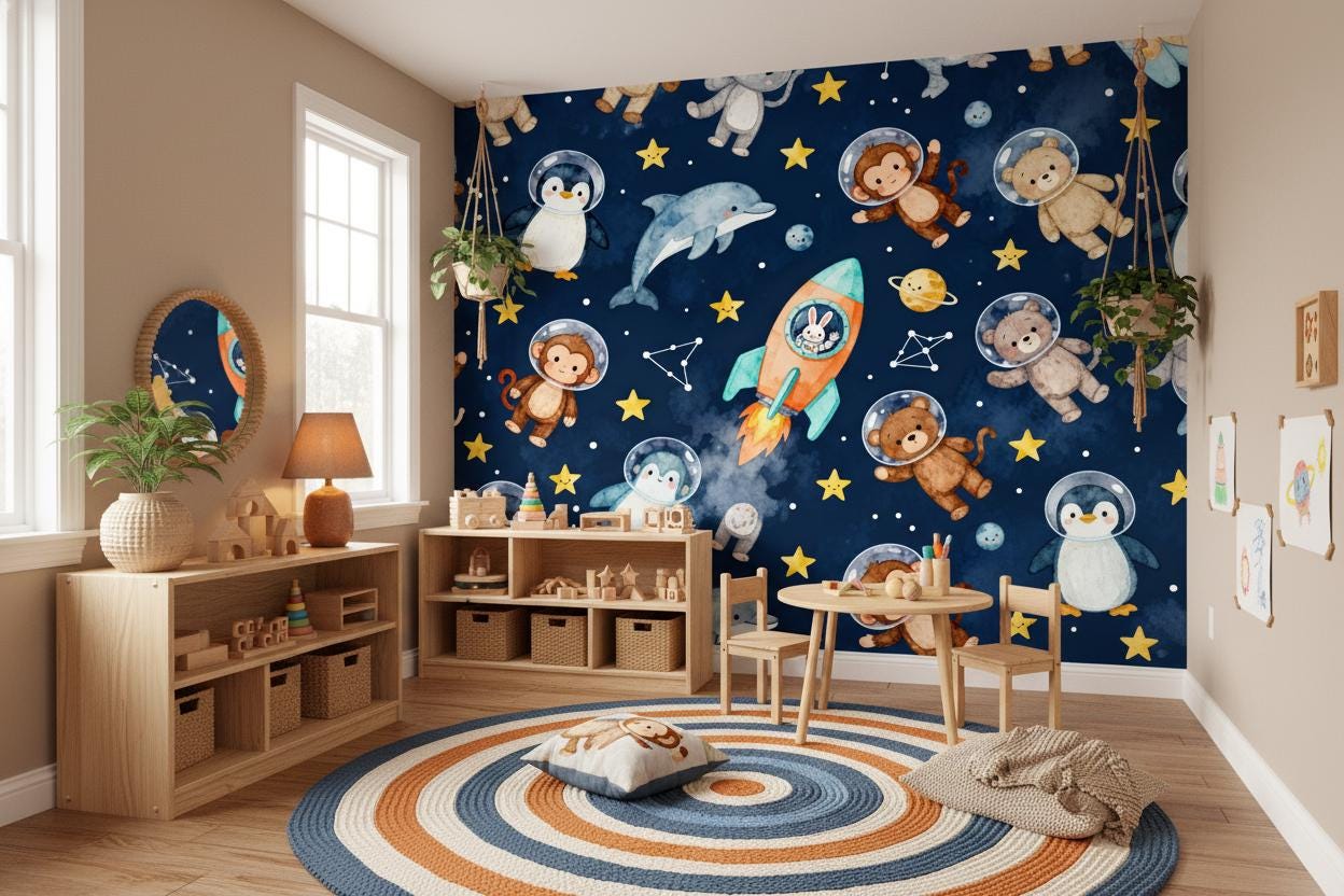 Space Animals Navy Blue Wallpaper – detail view, Golden Era Walls