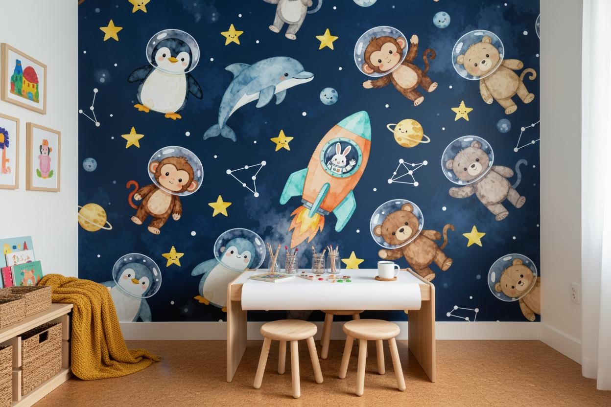 Space Animals Navy Blue Wallpaper – room setting, Golden Era Walls