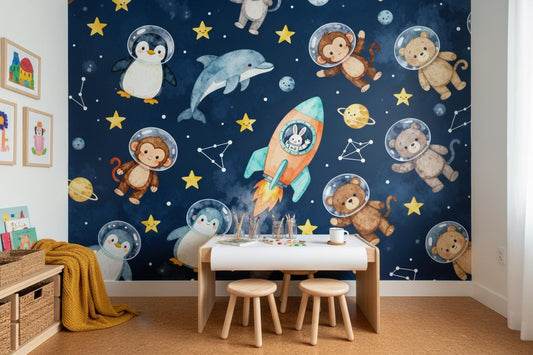 Space Animals Navy Blue Wallpaper – room setting, Golden Era Walls