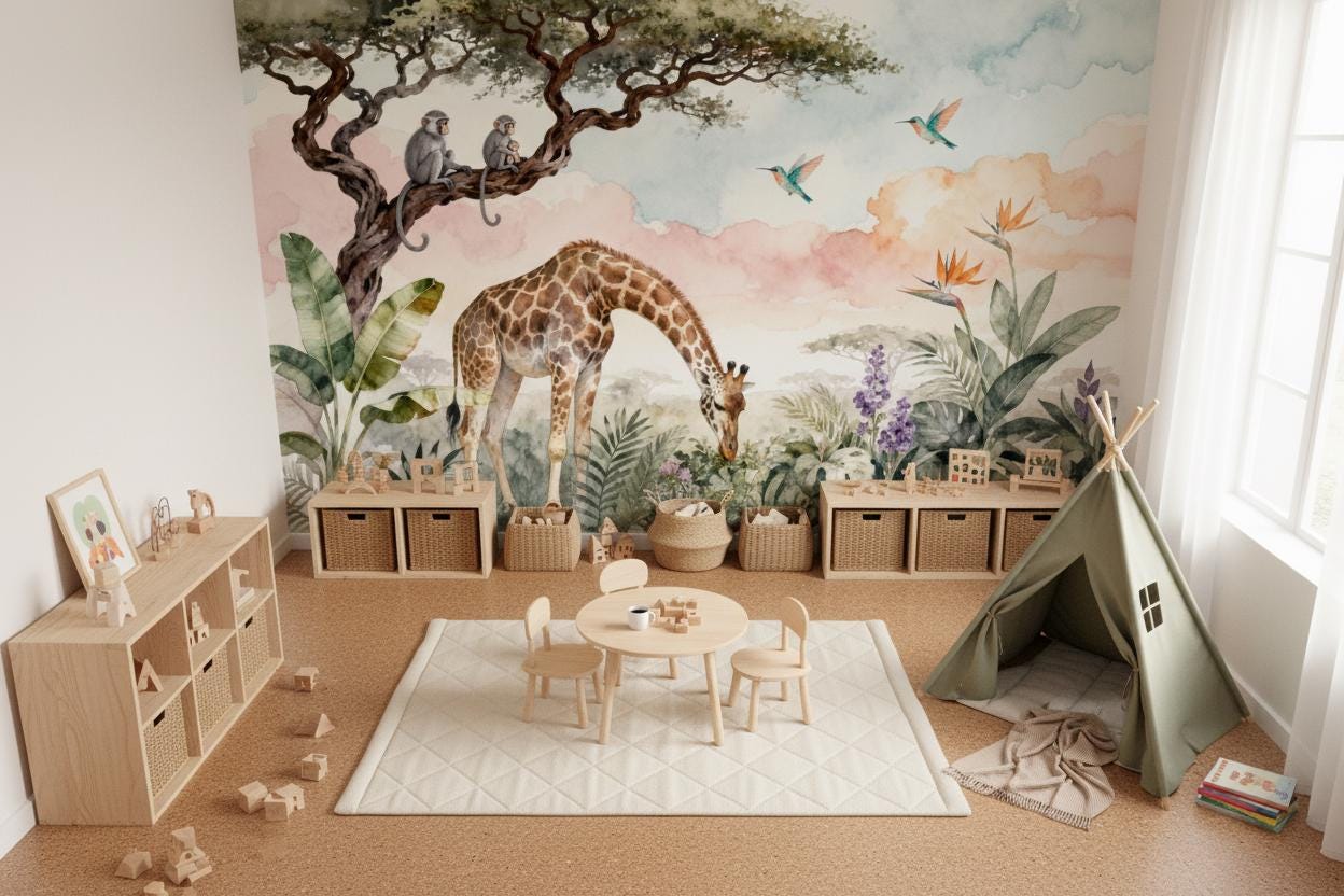 Safari Animal Pastel Watercolor Tropical Wallpaper – alternate view, Golden Era Walls
